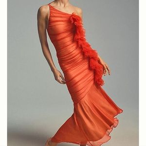 Anthropologie Vineet Bahl BOHO Ruched One-Shoulder orange midi Dress Medium